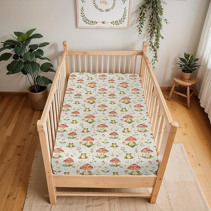 Green Frogs Mushroom Baby Crib Sheets for Boy Girl 52x28Inch Fairytale Frogs Soft Stretchy Fitted Crib Mattress Cover Baby Sheet Fits Crib and Toddler Bed Mattresses