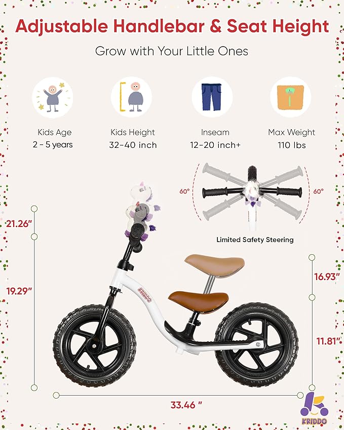 KRIDDO Toddler Balance Bike 2 Year Old, Age 24 Months to 5 Years Old, Early Learning Interactive Push Bicycle with Steady Balancing, Gift Bike for 2-5 Boys Girls, White