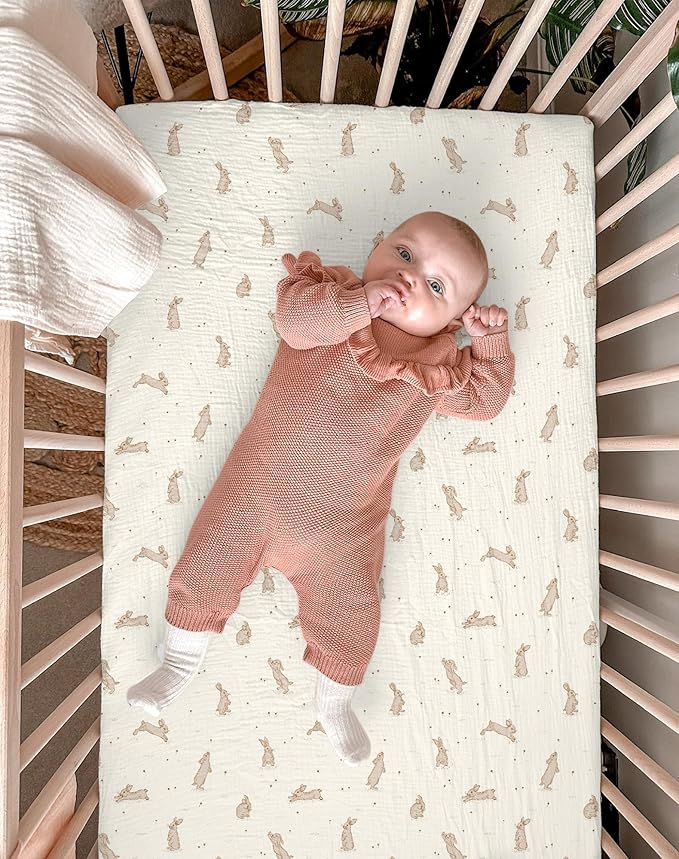 Mini Crib Sheets for Baby Boy Girl 2 Pack, Neutral Mini Crib Mattress Sheet 24" x 38", Muslin Nursery Bedding Soft and Breathable Comfort (Hopping Bunnies & Beige)