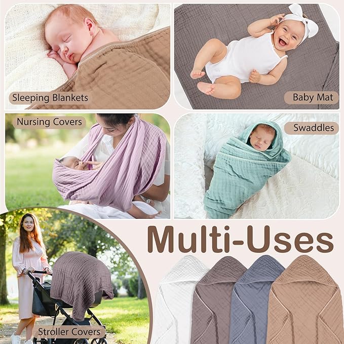 Peryiter 4 Pcs Muslin Hooded Baby Towels, 32x 32'' Cotton Newborn Bath Towel Muslin Infant Baby Blankets Absorbent Unisex Christmas Registry Gift Essentials for Girls Boys (White,Coffee,Blue)