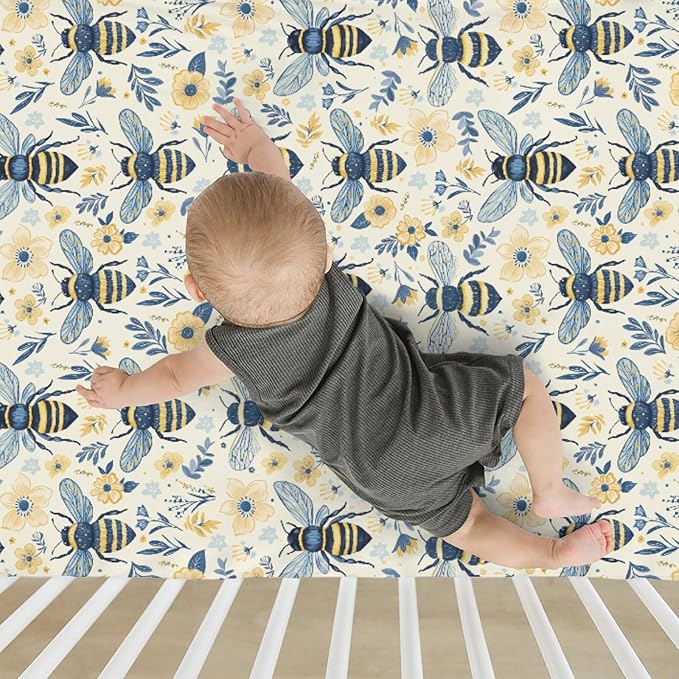 Bees Flowers Baby Crib Sheets for Boy Girl 52"x28" Vintage Bees Boho Wildflowers Soft Stretchy Fitted Crib Mattress Cover Bee Floral Spring Summer Baby Sheet Fits Crib and Toddler Bed Mattresses