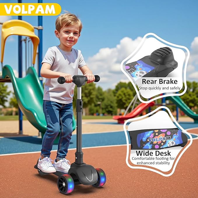 VOLPAM C001 Electric Scooter for Kids, 80W Motor, Max Safe Speed 5MPH, 3 Adjustable Height, Lean-to-Steer, 3.5" Lighted Up Wheel, Foldable Scooter for Boys & Girls, Max Load 110lbs