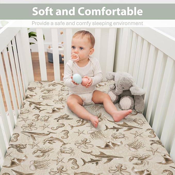 Retro Marine Animals Baby Crib Sheets Boy Girl 28"x52" Whale Dolphin Jellyfish Sea Horse Turtle Coral Soft Snug Fitted Crib Mattress Cover Ocean Animal Baby Sheet for Standard Crib & Toddler Mattress