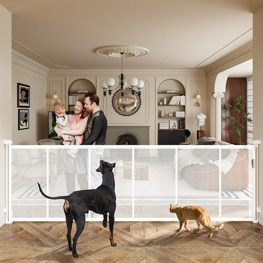 150" Extra Wide Retractable Baby Gates Dog Gate for Large Opening, 41" Extra Tall Mesh Pet Gate, Long Child Safety Gates with Fiberglass Rods for Stairways, Doorways, Hallways - Indoor/Outdoor Use
