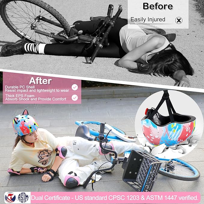 Kids Helmet, Bike Helmets for Kids 8-14 with Knee Pads and Elbow Pads Wrist Guards, Adjustable Youth Girls Bike Helmet with DIY Cat Ears Skateboard Helmet for Scooter Skating Cycling