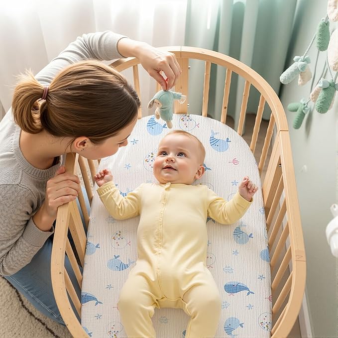 Baby Bassinet Sheets TPU Waterproof 2 Pack Soft Muslin Bedside Bassinet Mattress Sheets with Bottom Elastic Band for Baby Boy Girls Unisex Fit Hourglass Oval and Rectangle, Dusty-Blue