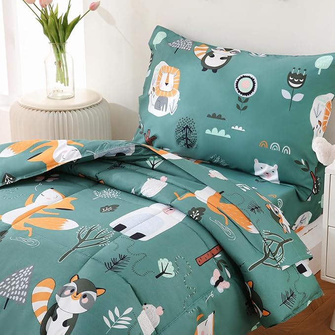 JSD Green Forest Animals Toddler Bedding Set, 4 Piece Bed-in-Bag Toddler Comforter Sheet Set, Machine Washable