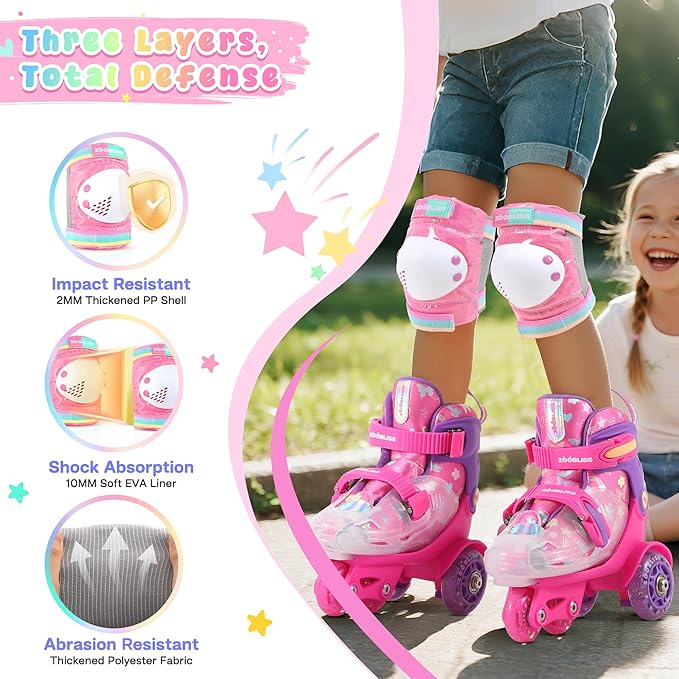 Knee Pads for Kids - ZOOBLISS Toddler Knee and Elbow Pads Set Wrist Guards for Skating Girls Aged 3-12, Kids Protective Gear for Roller Skates Skateboard Bike Scooter, Included Drawstring Bag(Rainbow)