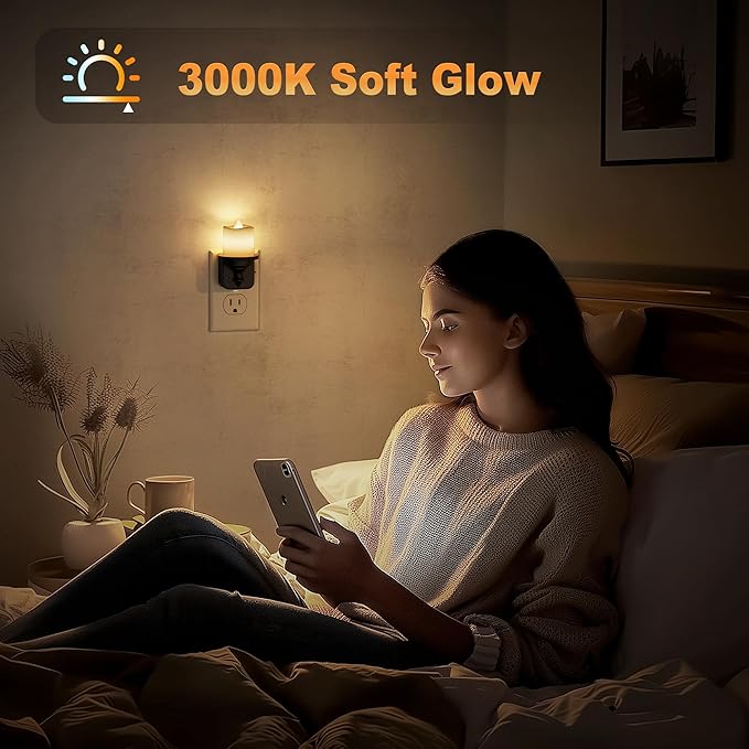 JandCase Flameless Candle Night Light, 2 Pack Night Lights Plug into Wall, 3000K Soft White, 0-100LM Dimmable Nightlight, Dusk to Dawn Sensor Light for Dinning Room, Living Room, Bathroom, Hallway