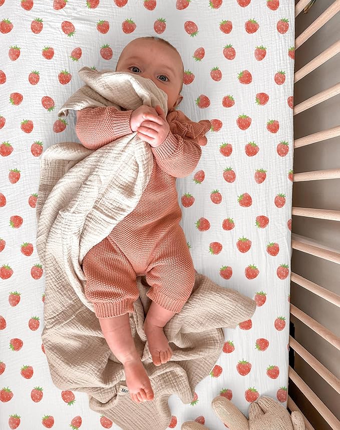 Mini Crib Sheets for Baby Boy Girl 2 Pack, Neutral Mini Crib Mattress Sheet 24" x 38", Muslin Nursery Bedding Soft and Breathable Comfort (Strawberry & Pale Pink)