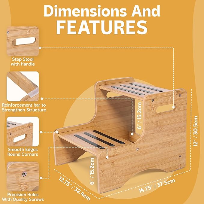 HUOLI Wooden Kids Step Stool | 13" W by 12" H - 300LB Capacity | Kids Stool & Toddler Stool for Bathroom is Lightweight, Anti-Slip, Easy Assembly with Smooth Rounded Edges, Bamboo Step Stool