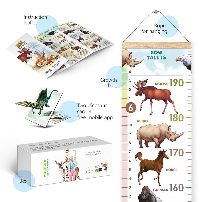 LIFELIKO Personalised Growth Chart for Animal Lovers, Removable Wall Ruler for Boys and Girls, Kid’s Room Decoration (Multicolor)