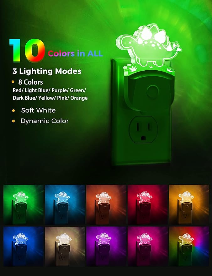 L LOHAS LED Night Light for Kids with Dusk to Dawn Sensor, Dinosaur Nightlight for Boys, Stegosaurus LED Night Light Plug in, RGB + Soft White, 3 Modes, for Nursery, Kids, Gifts, Bedroom[2 Pack]