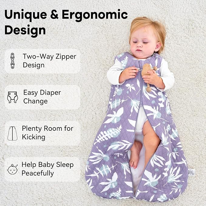 Baby Sleep Sack 18-24 Months 1.5 Tog Baby Wearable Blanket 100% Cotton Fabric Warm Sleeping sack with 2-Way Zipper Quilted for Toddler Infant Tog Purple Leaves