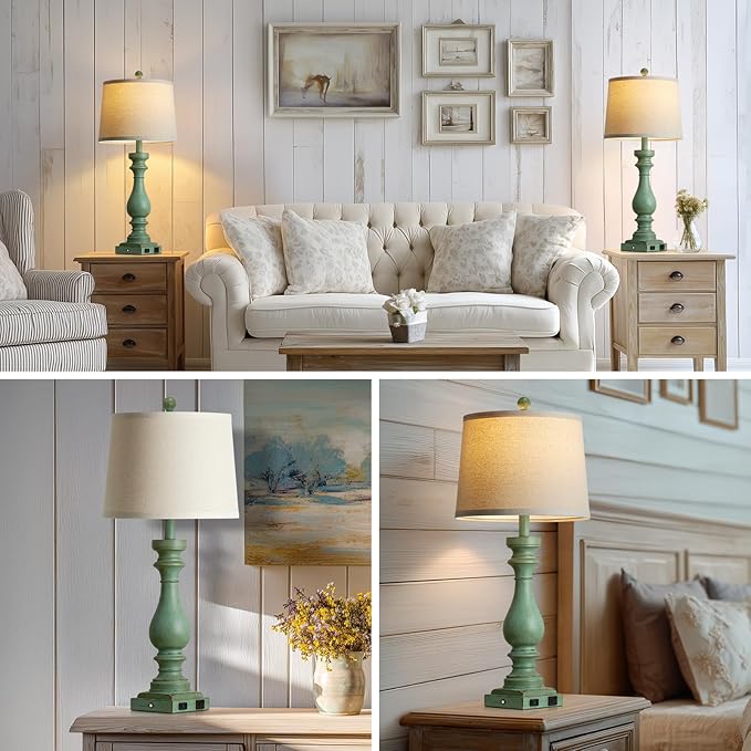 luxeflow 29" Tall Vintage Table Lamps Set of 2,Retro Green Bedside Lamps with USB C+A Ports & AC Outlet,3-Way Dimmable Touch Lamp for Night Stands Living Room Bedroom,Green