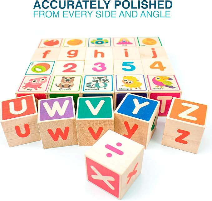 QUOKKA Wooden Blocks for Toddlers 1-3 - 26 ABC Learning Baby Blocks for Kids 3-5 Year Olds Stacking Alphabet Wood Toys for 2-4 yo - Educational with Letters Numbers - Updated Edition