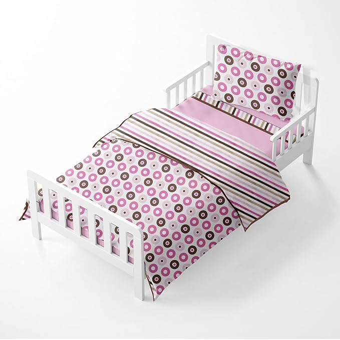 Bacati - Dots & Stripes Pink/Chocolate 4 Piece Girls Toddler Bedding Set, 100 Percent Cotton Includes Reversible Comforter, Fitted Sheet, Top Sheet and Pillow Case for US Standard Toddler Bed