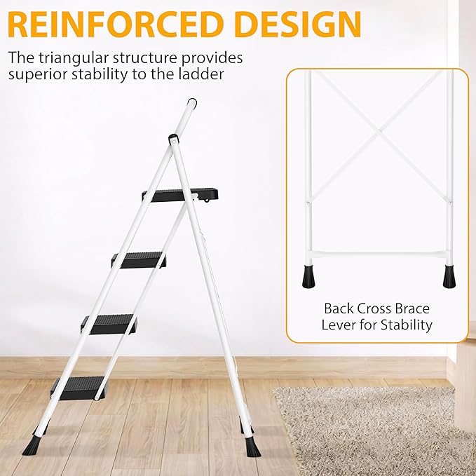 4 Step Ladder, Portable Steel Folding Step Stool with Wide Anti-Slip Pedal & Convenient Handgrip, 500lbs Sturdy Steel Ladder, White