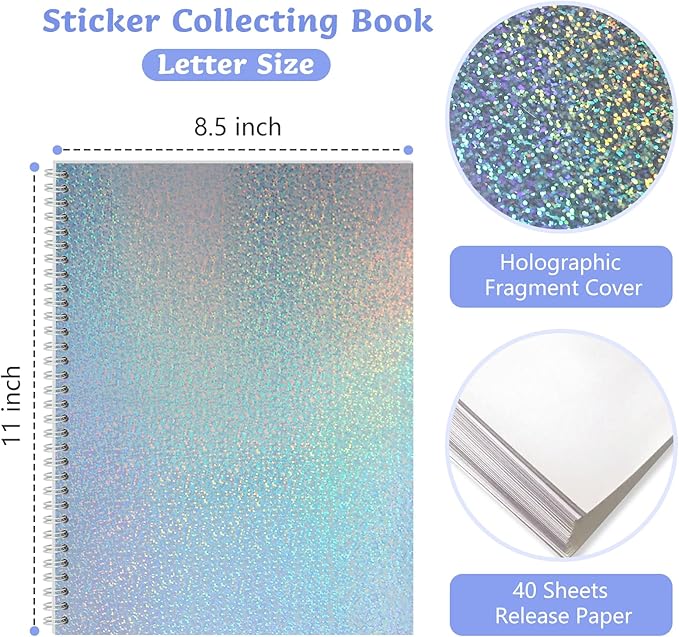 Dajino Large Reusable Sticker Book Collecting Album 8.5×11 Inch Sticker Storage Collection Organizer Book for Adult with 40 Sheets Letter Size Blank Release Paper and Holographic Cover (Dot)