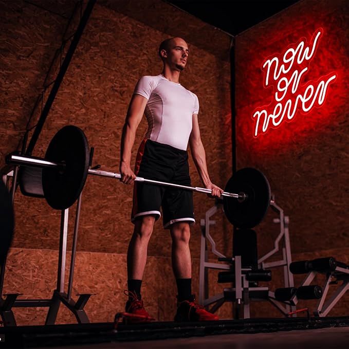 Gym Neon Sign for Wall Decor Home Gym Decor Now or Never Inspirational LED Signs for Man Cave Workout Study Room Office Party Quote Motivational Art Gifts for Men Sports Fans Size 13.8*9.6in（GLND377）