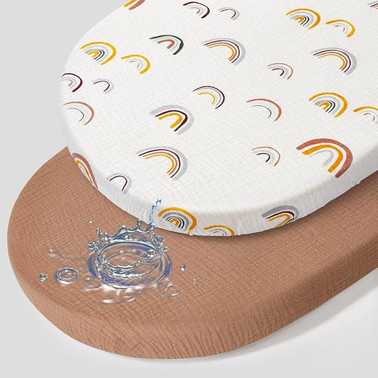 Baby Bassinet Sheets TPU Waterproof 2 Pack Soft Muslin Bedside Bassinet Mattress Sheets with Bottom Elastic Band for Baby Boy Girls Unisex Fit Hourglass Oval and Rectangle, White Rainbow
