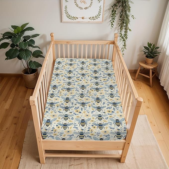 Bees Flowers Baby Crib Sheets for Boy Girl 52"x28" Vintage Bees Boho Wildflowers Soft Stretchy Fitted Crib Mattress Cover Bee Floral Spring Summer Baby Sheet Fits Crib and Toddler Bed Mattresses