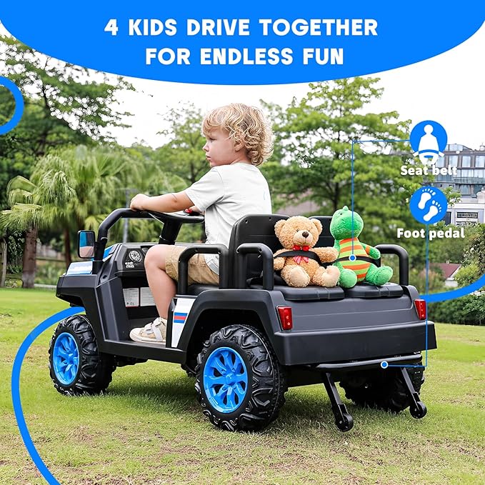Electric Car for Kids, 24V 4 Seater Ride on Toys w/Parent Remote, 4 Wheeler Suspension, Max 220lbs Weight Capacity, USB, Music, Radio, LED Light, Ride on Truck for Boy/Girl Ages 3-8, Blue