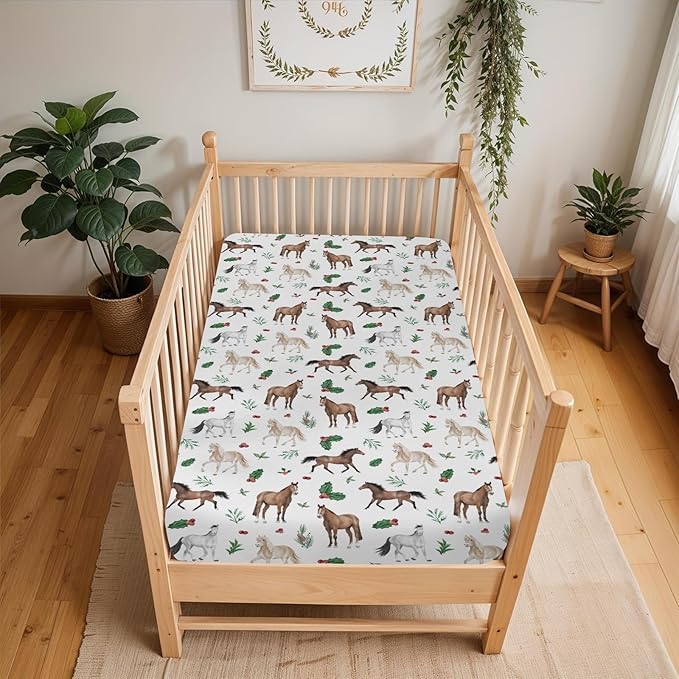 Christmas Horses Baby Crib Sheets for Boy Girl 52"x28" Holiday Animals Cherry Fir Leaves Soft Snug Fitted Crib Mattress Cover Winter Farm Animal Baby Sheet for Standard Crib & Toddler Bed Mattress