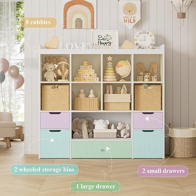 HORSTORS 48"W Kids Toy Storage Organizer, Large Toy Storage Chest with Removable Bins, 46"H Kids Bookshelf and Bookcase with Drawers for Boys and Girls, Modern Toy Box for Playroom, Classroom, White