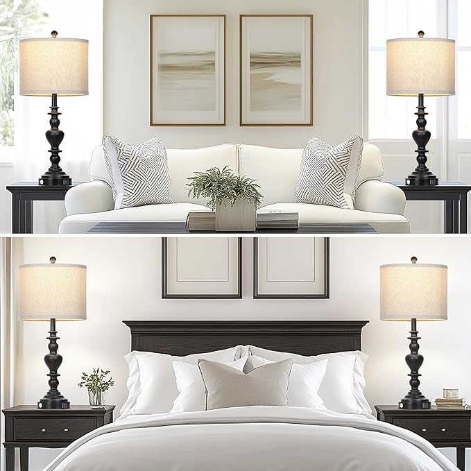 luxeflow Farmhouse Table Lamps Set of 2, 27" Black Vintage Bedside Lamps with USB A+C Charging Ports, 3-Way Dimmable Touch Control Rustic Nightstand Lamp for Living Room Office(Bulbs Included)