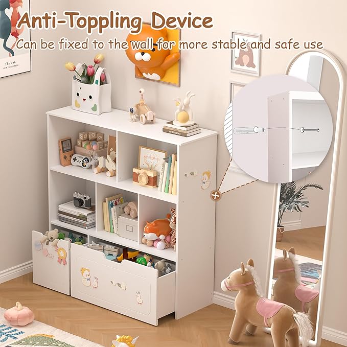 BRINJOY Toy Storage Organizer with 2 Movable Drawers, 3-Shelf Kids Bookcase Children's Toy Chest Cabinet for Playroom Bedroom Daycare Nursery School, 5 Cubes Montessori Bookshelf