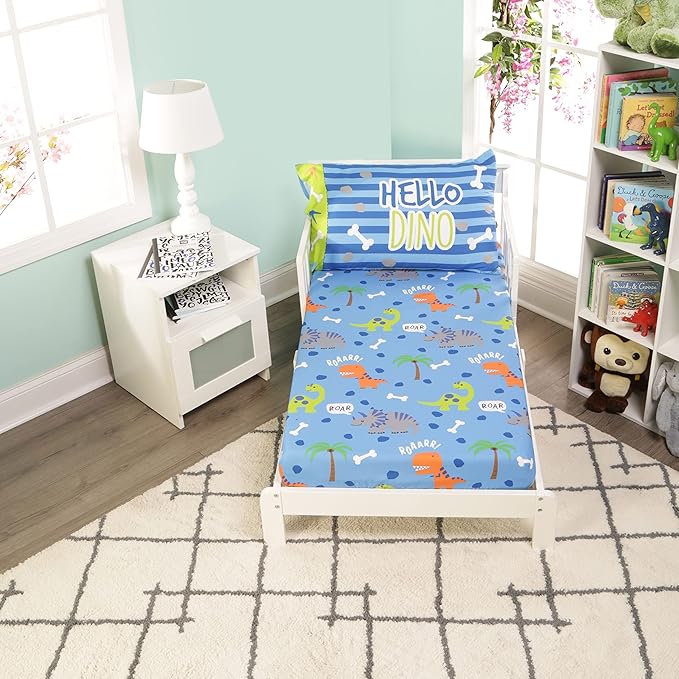 EVERYDAY KIDS 4 Piece Toddler Bedding Set – Roaring Dinosaurs - Includes Comforter, Flat Sheet, Fitted Sheet and Reversible Pillowcase – Boys Toddler Bedding