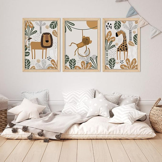 YWJKWLGS Kids Safari Animal Wall Art Set of 3 - Cartoon Lion Monkey Giraffe Prints - 11x16 inch Wood Framed Nursery Decor for Baby/Toddler Room - Boho Jungle Theme Kids Room Wall Decor (Wood)