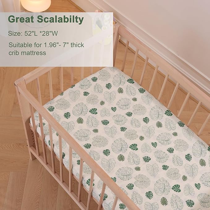 Zdolmy Muslin Crib Sheets for Girl Boy, 2 Pack 100% Cotton Crib Sheet for Standard Crib Mattress(28"x 52"), Fitted and Soft Breathable Crib Mattress Sheet, 360° Wrapping (Monstera & Dark Green)