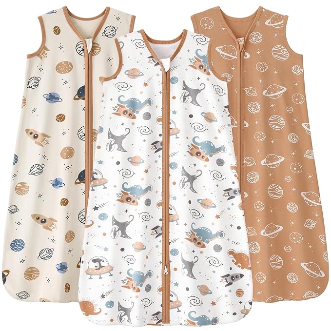 Baby Sleep Sack 12-18 months, 100% Cotton Sleeping Sack for Newborn and Infant, 3 Pack Baby Wearable Blanket for Boy and Girl, 0.5 Tog Lightweight Double Zipper Sleep Bag Coffee Dinosaur Planet