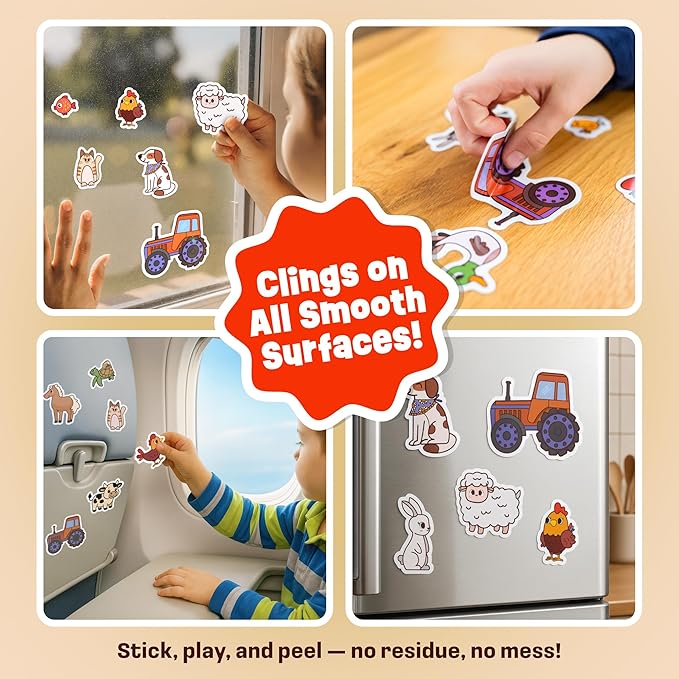 Reusable Jelly Sticker Book - Farm, 7 Scenes - 50 Thick Washable Stickers for Toddlers & Kids: Easter Basket Stuffers, Gift Ideas for Ages 3-5 Years Old - Toddler Stickers Travel Activity Toy 2-4 1-3