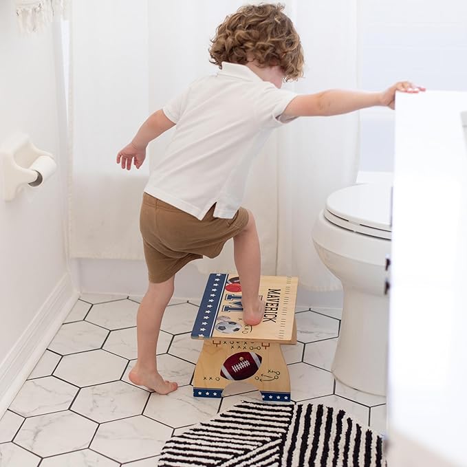 Firefighter Step Stool for Toddlers- Personalized Wood Kids Step Stool with Name for Kitchen Sink, Bathroom, Potty Training, Toilet, Kitchen Sink- Sturdy and Safe Made in USA by BloomOwl (Firefighter)