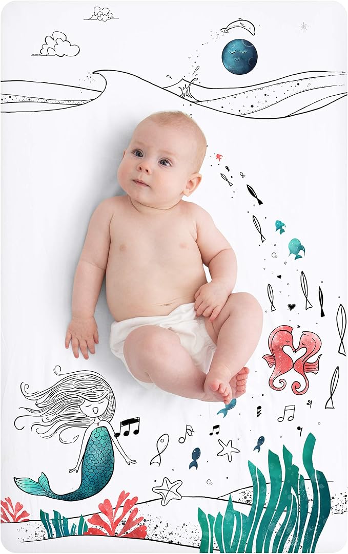 JumpOff Jo - Fitted Mini Crib Sheet for Portable Crib, Playard, and Playpen Mattresses and Mats, Super Soft 100% Cotton, 24 in. x 38 in. - Moonlight Mermaid