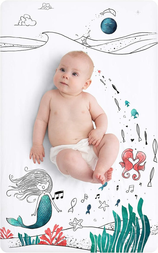 JumpOff Jo - Fitted Mini Crib Sheet for Portable Crib, Playard, and Playpen Mattresses and Mats, Super Soft 100% Cotton, 24 in. x 38 in. - Moonlight Mermaid