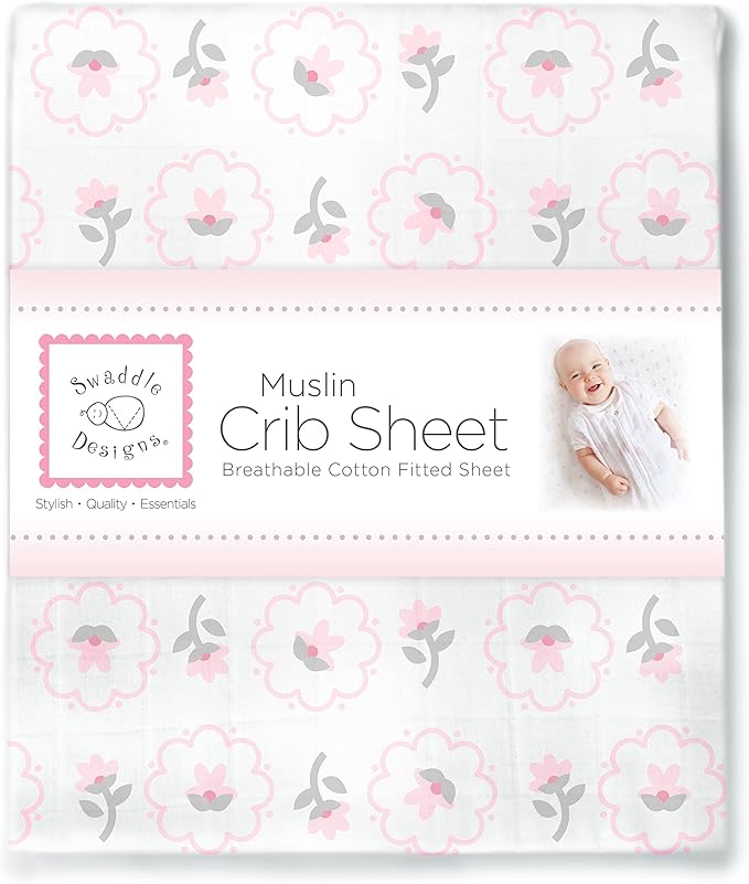 SwaddleDesigns Softest Cotton Muslin Fitted Crib Sheet, Toddler Sheet for Boys & Girls, Fits Standard Crib Mattress (28 x 52 inches), Pastel Pink Posies