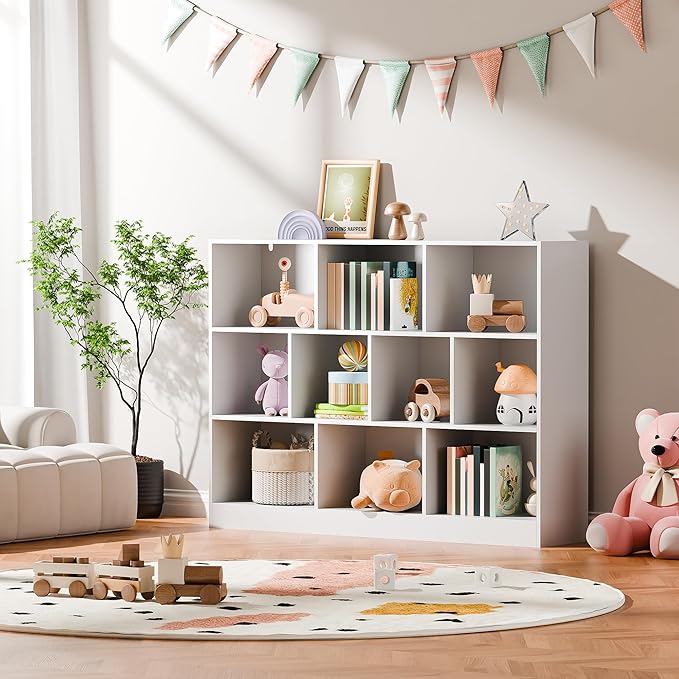 Cozy Castle White Bookshelf, 3-Tier Open Shelf Bookcase, 10 Cube Storage Organizer with Anti-Tilt Device, Freestanding Horizontal Bookshelf Cube Shelf for Bedroom, Living Room