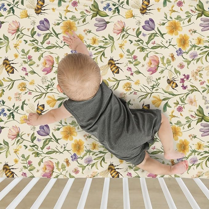 Vintage Bees Wildflowers Baby Crib Sheets for Boy Girl 52"x28" Retro Boho Flowers Soft Stretchy Fitted Crib Mattress Cover Spring Summer Baby Sheet for Standard Crib and Toddler Mattress