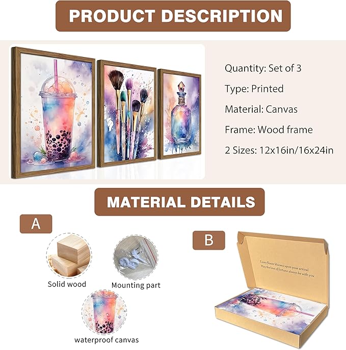 Framed Teen Girls Bedroom Wall Art Set of 3, Pink and Purple Splash Canvas Prints, Makeup Enthusiast Pictures Posters, Drinks Cosmetic Wall Decor for Teenage Girl Room Decor – 12x16 inch
