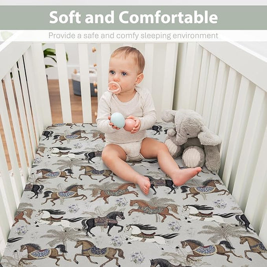 Vintage Horses Baby Crib Sheets for Boy Girl 52x28Inch Retro Arabian Horses Palm Trees Soft Stretchy Fitted Crib Mattress Covers Horse Lovers Baby Sheet Fits Crib and Toddler Bed Mattresses Gray