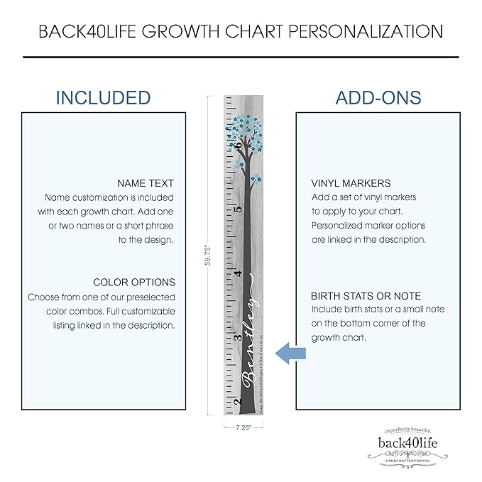 Wooden Kids Growth Height Chart Ruler for Boys and Girls Painted or Engraved (Floral Tree)