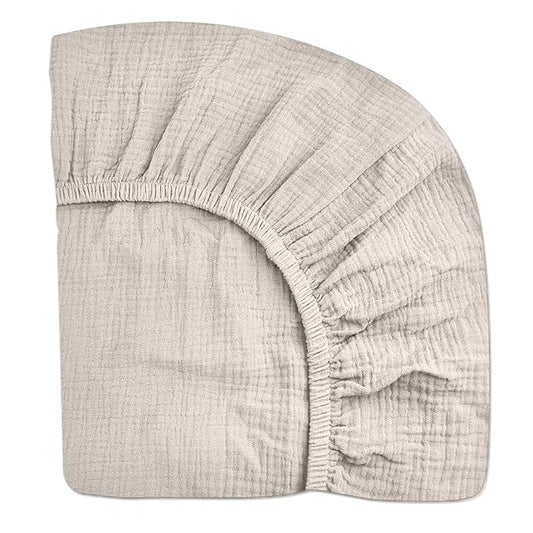 Mini Crib Sheets for Baby, Fitted Pack N Play Mattress and Mini Cribs 24" x 38", Neutral Muslin Cotton Mini Crib Mattress Sheet with Boho Style, Soft and Breathable Comfort (Beige)
