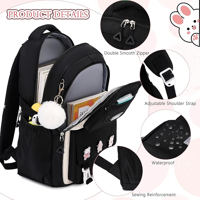 AO ALI VICTORY Backpack for Girls 3 PCS Cute School Backpacks Elementary Kids Book Bag with Lunch Box Pencil Case Set Laptop College Travel Back Pack Large Bookbags for Girl Teens Women Student Black