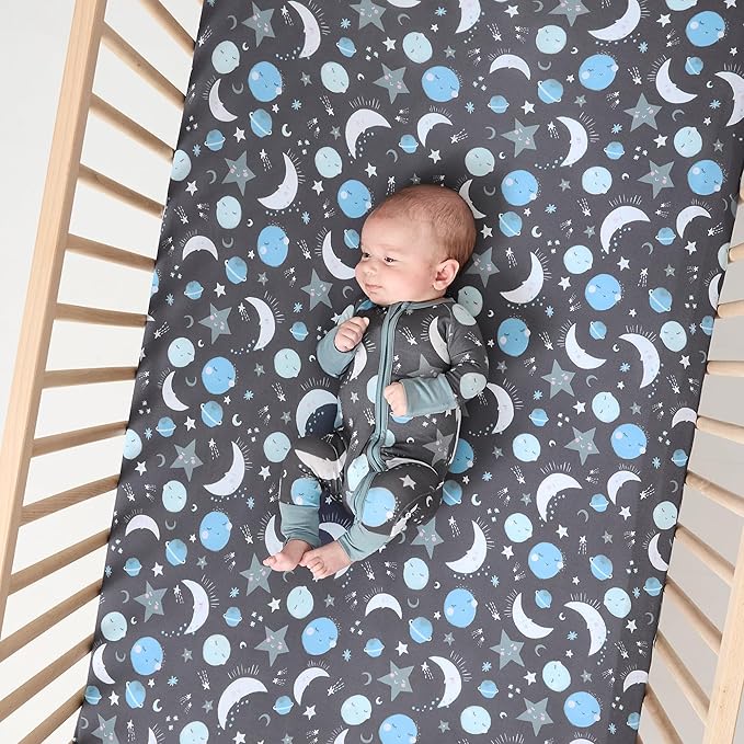 Little Sleepies Baby Crib Sheets, Buttery Soft Viscose From Bamboo Crib Sheets for Boys & Girls, Toddler Bed Sheet, Standard Crib Mattress Sheet, Super Stretchy & Elasticized (Blue To the Moon & Back)