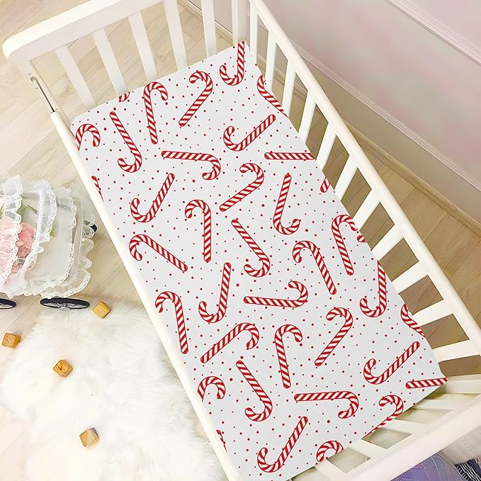 Christmas Candy Cane Crib Sheets Soft Breathable Fitted Baby Crib Sheets Mattress Cover for Boy Girls, 52" x 28" x 9"
