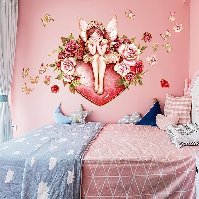 Fairy and Rose Wall Stickers Dreamy Theme Beautiful Girl with Roses and Butterflies Decals Peel and Stick Waterproof Decor for Kids Room Bedroom Living Room(Fairy)